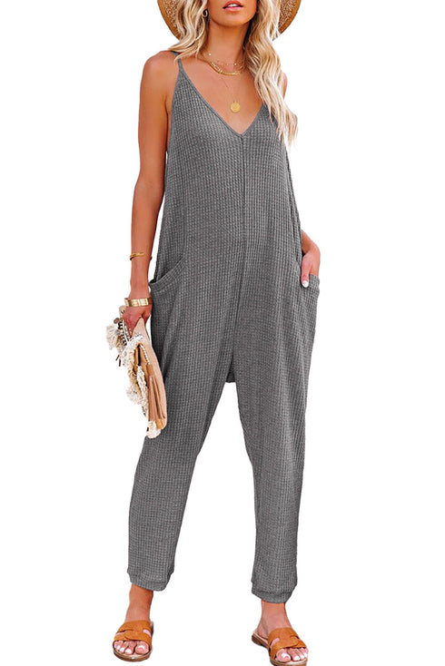 Exclusive Textured Ribbed Sleeveless V Neck Pocketed Jumpsuit