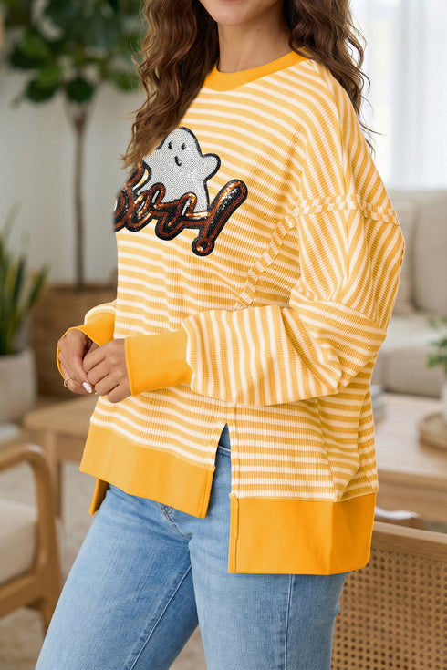 Boo Sequin Ghost Stripe Split Hem Long Sleeve Tee