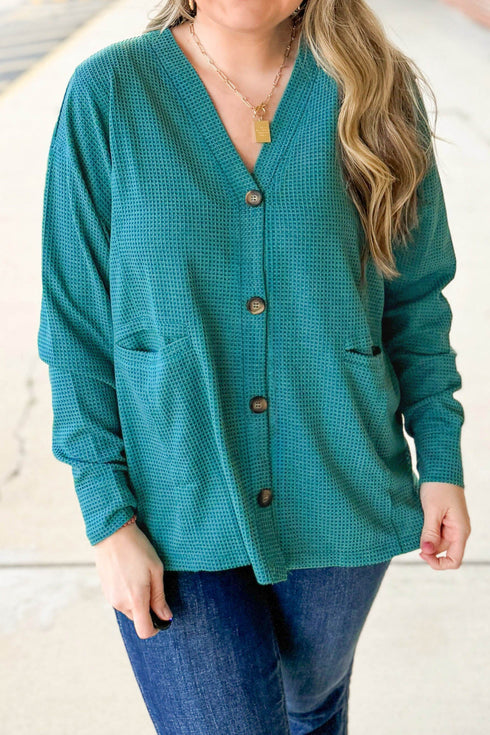 V Neck Waffle Textured Button Front Tunic Long Sleeve Jacket