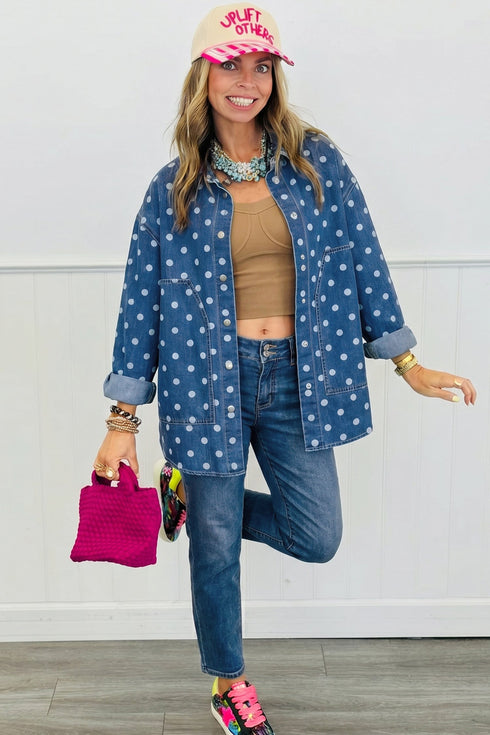 Polka Dot Long Sleeve Collar Shift Tunic Denim Jacket