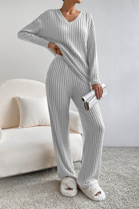 Ribbed Knit Wide Leg Slouchy Two Piece Loungewear