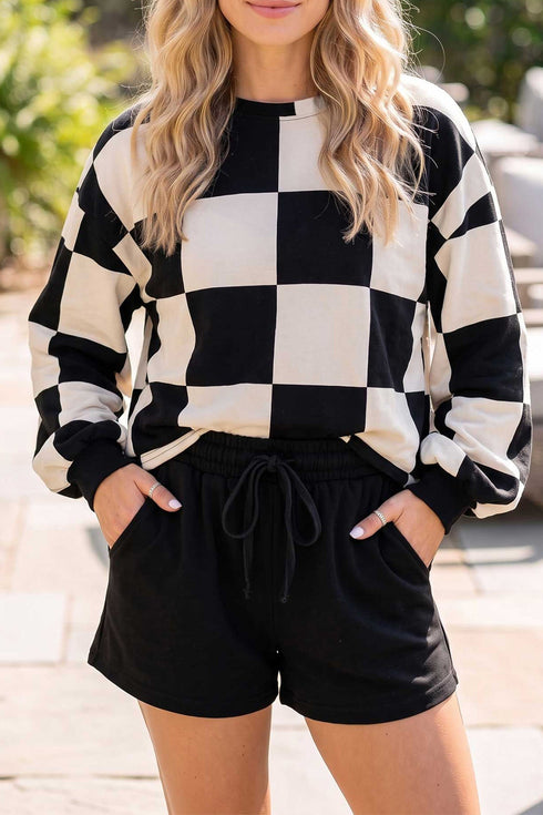 Checkerboard Plaid Long Sleeve Top Clean Finish Short Set