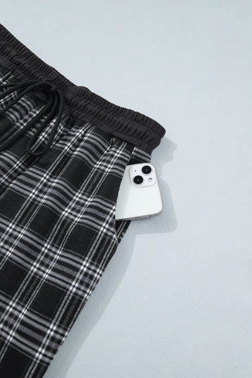 French Plaid Drawstring Waist Wide Leg Pants