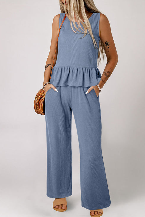 Textured Ribbed Ruffle Tank Top Wide Leg Pant Set