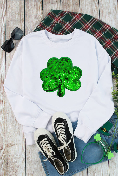 Shimmering Sequin Clover Graphic Crewneck Pullover Sweatshirt