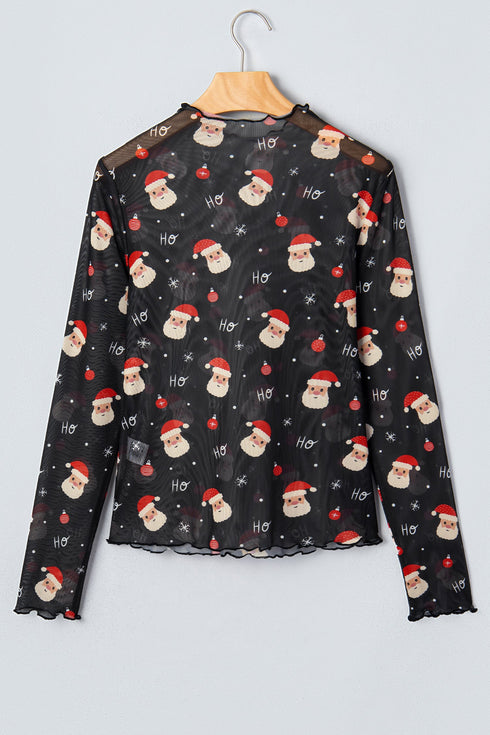Sheer Novelty Print Stand Neck Long Sleeve Top