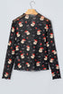 Sheer Novelty Print Stand Neck Long Sleeve Top