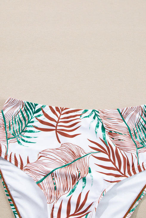 Ruched Side Tie Strap Leaf Print Tankini Set