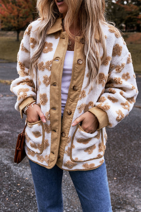 Flower Pattern Button Up Sherpa Fleece Jacket