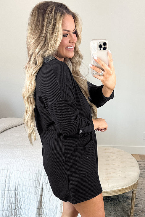 Solid Corded Knit Collared Roll Tab Sleeve Dress