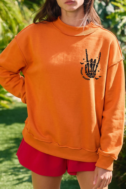 Spooky Themed Graphic Raised Mock Neck Sweatshirt