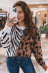 Western Leopard Zebra Print Long Sleeve Round Neck Sweater