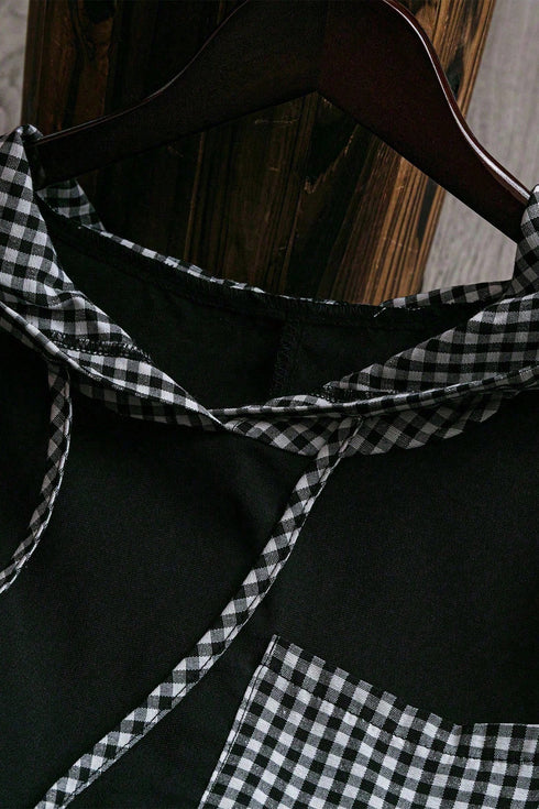 Hooded Gingham Paneling Chest Patch Pocket Long Sleeve Top