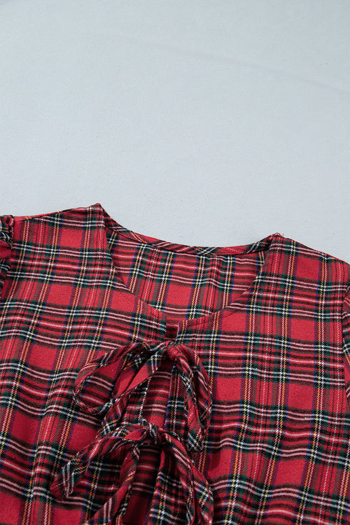 Plaid Tie Front Long Sleeve Shift Mini Dress