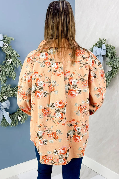 Floral Print Tunic Length Long Sleeve Denim Jacket