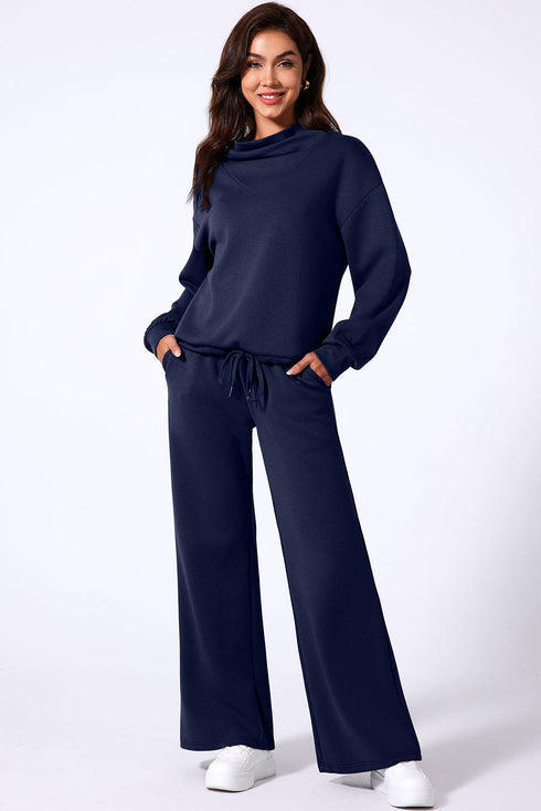 Cowl Neck Drawstring Pullover Wide Leg Athleisure Pant Set