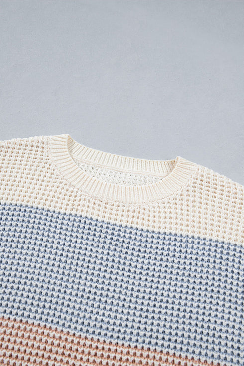 Paneled Drop Shoulder Round Neck Long Sleeve Pullover Sweater