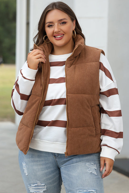 Textured Corduroy Stand Neck Zipped Puffer Vest