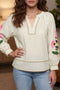 Striped Floral Embroidered V Neck Long Sleeve Blouse