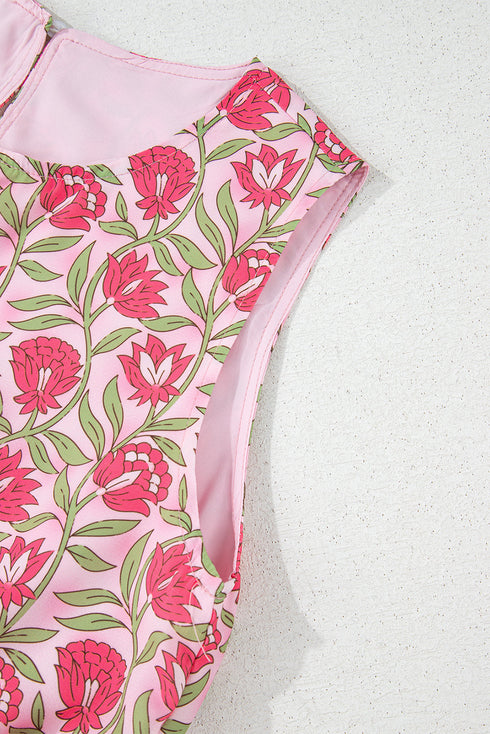 Bohemian Floral Print Puffy Cropped Mini Skirt Two Piece Dress