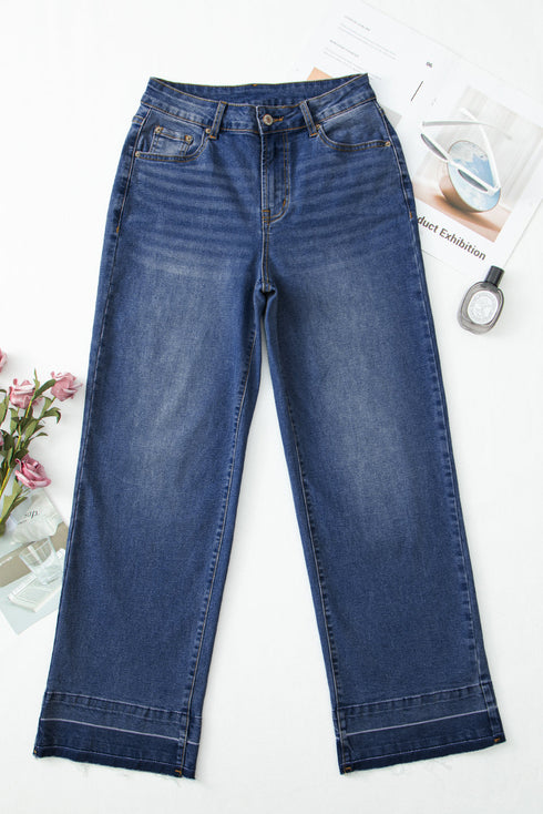 High Rise Straight Loose Raw Hem Cuffed Jeans