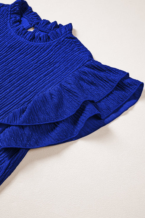Solid Textured Ruffle Trim Short Sleeve Blouse
