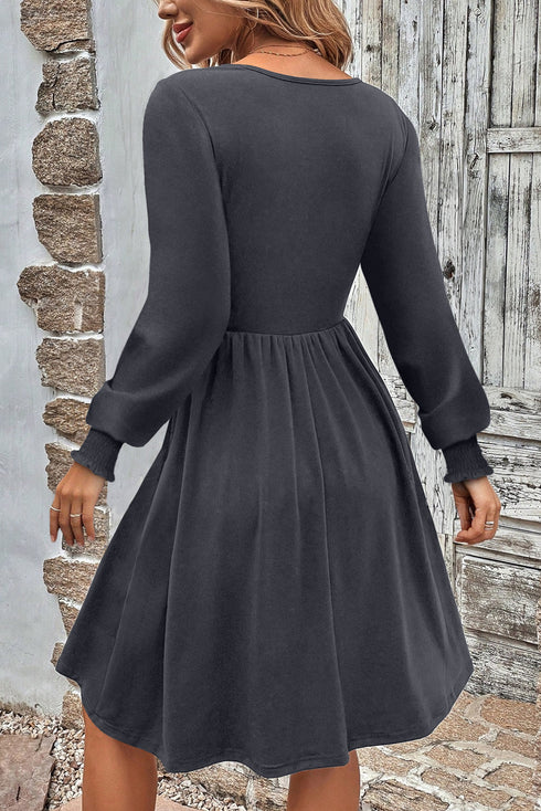 Shirred Cuff Button Round Neck Long Sleeve Mini Dress