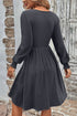 Shirred Cuff Button Round Neck Long Sleeve Mini Dress
