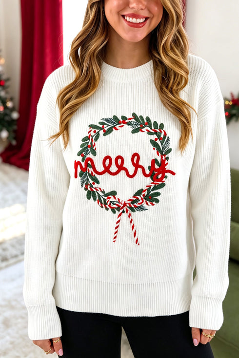 Applique Embroidery Wreath Pattern Round Neck Sweater