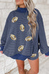 Sequin Rugby Print Striped Mock Neck Sweatshirt