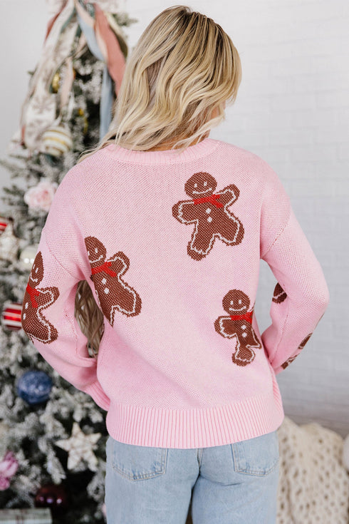 Gingerbread Pattern Round Neck Long Sleeve Shift Sweater
