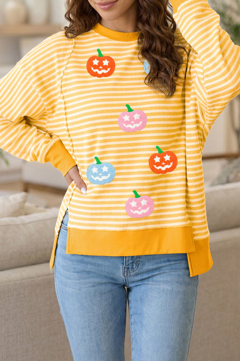 Pumpkin Face Stripe Waffle Knit Slit Pullover Sweatshirt