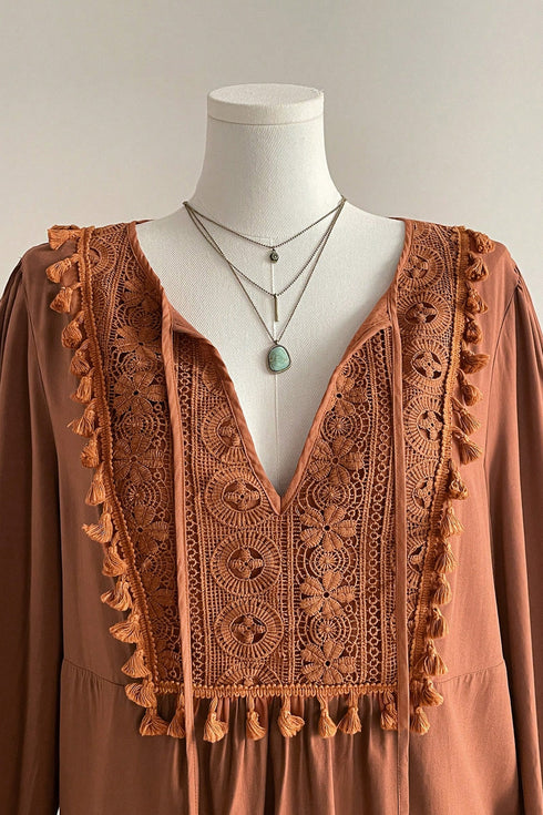 Boho V Neck Embroidered Tassel Long Sleeve Blouse