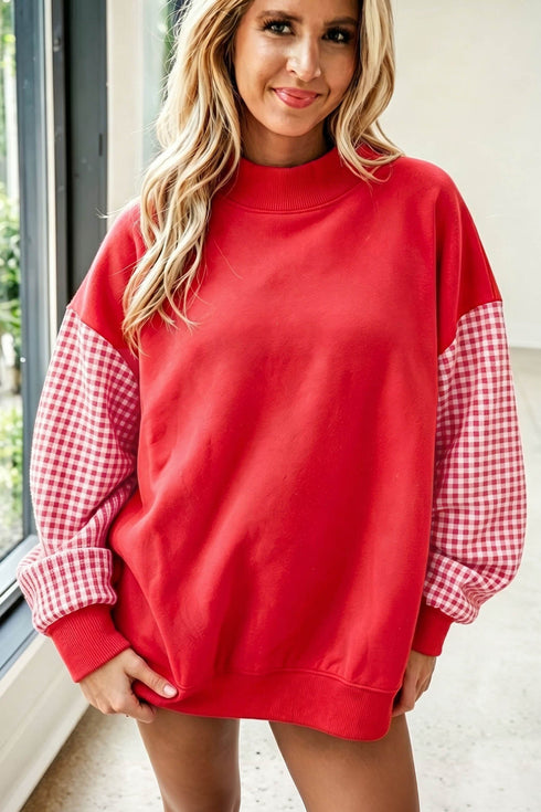 Mock Neck Plaid Pattern Sleeve Loose Tunic Sweatshirt