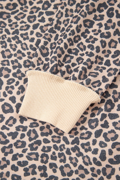 Leopard Print High Neck Long Sleeve Ribbed Cuffs Hem Sweatshirt