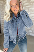Casual Ruffle Raw Hem Flap Pocket Denim Jacket