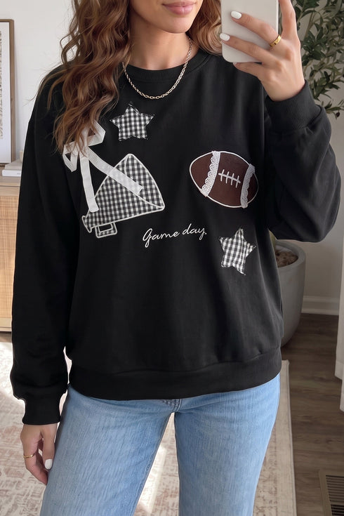 Gingham Patch Embroidered Rugby Print Stars Sweatshirt