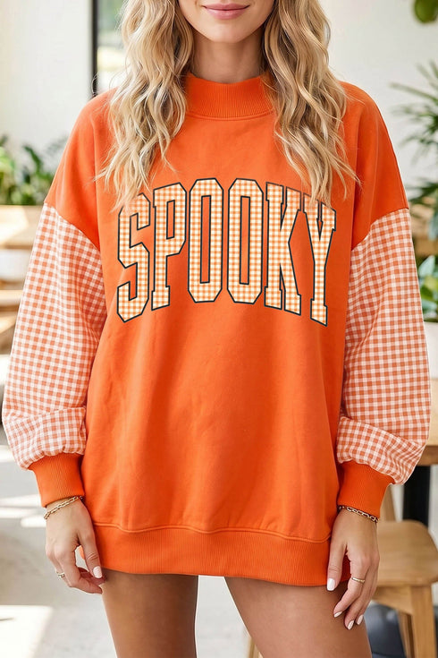 Plaid Sleeve Spooky Letter Graphic Pullover Sweatshirt