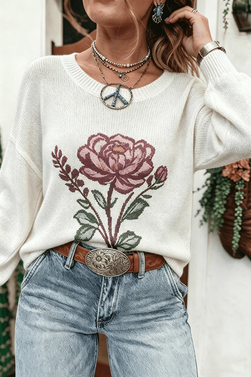 Western Floral Dropped Shoulder Lightweight Knit Sweater