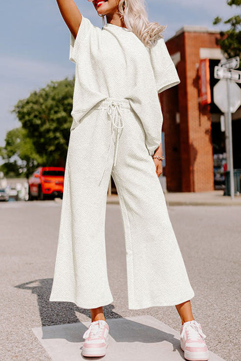 Textured Solid Loose Fit Wide Leg Pant Set