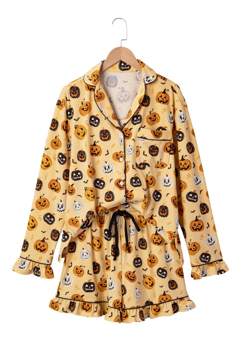 Pumpkin Face Print Ruffle Long Sleeve Two Piece Lounge Set
