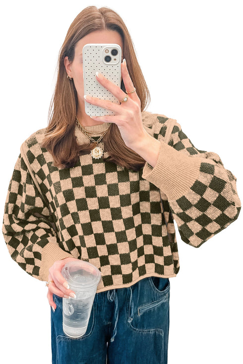 Checkered Drop Shoulder Long Sleeve Knit Sweater