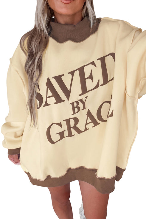 Oversized Saved By Grace Print Mock Neck Sweatshirt