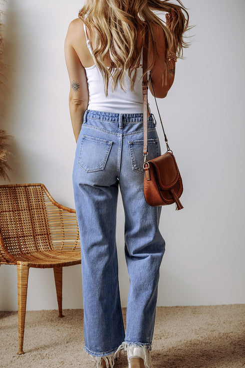 Distressed Cut Out Raw Hem Wide Leg Jeans