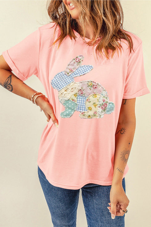 Vibrant Patchwork Bunny Motif Printed Graphic Tee