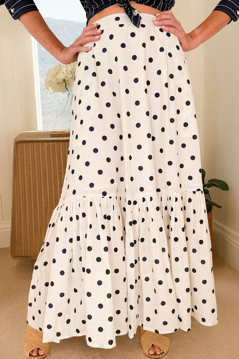 Vintage Polka Dot Print Ruffled Slit Maxi Skirt