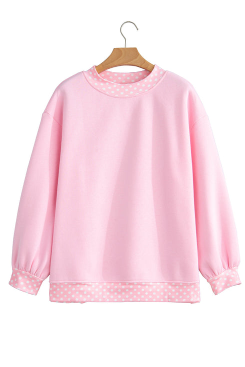 Polka Dot Patchwork Trim Mock Neck Oversized Sweatshirt