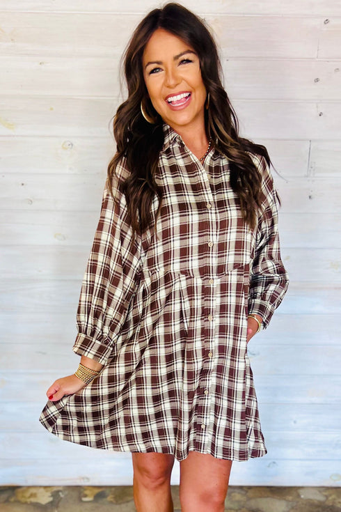 Plaid Long Sleeve Short Shift Mini Dress