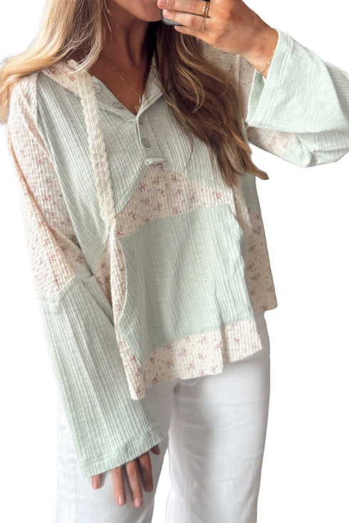 Floral Patchwork Ribbed Button Hooded Long Sleeve Top