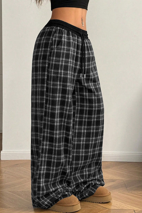 Frenchy Plaid Pattern Drawstring Waist Wide Leg Pants
